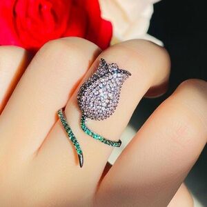 Sparkling Pink Tulip Wrap Ring with Green Stem